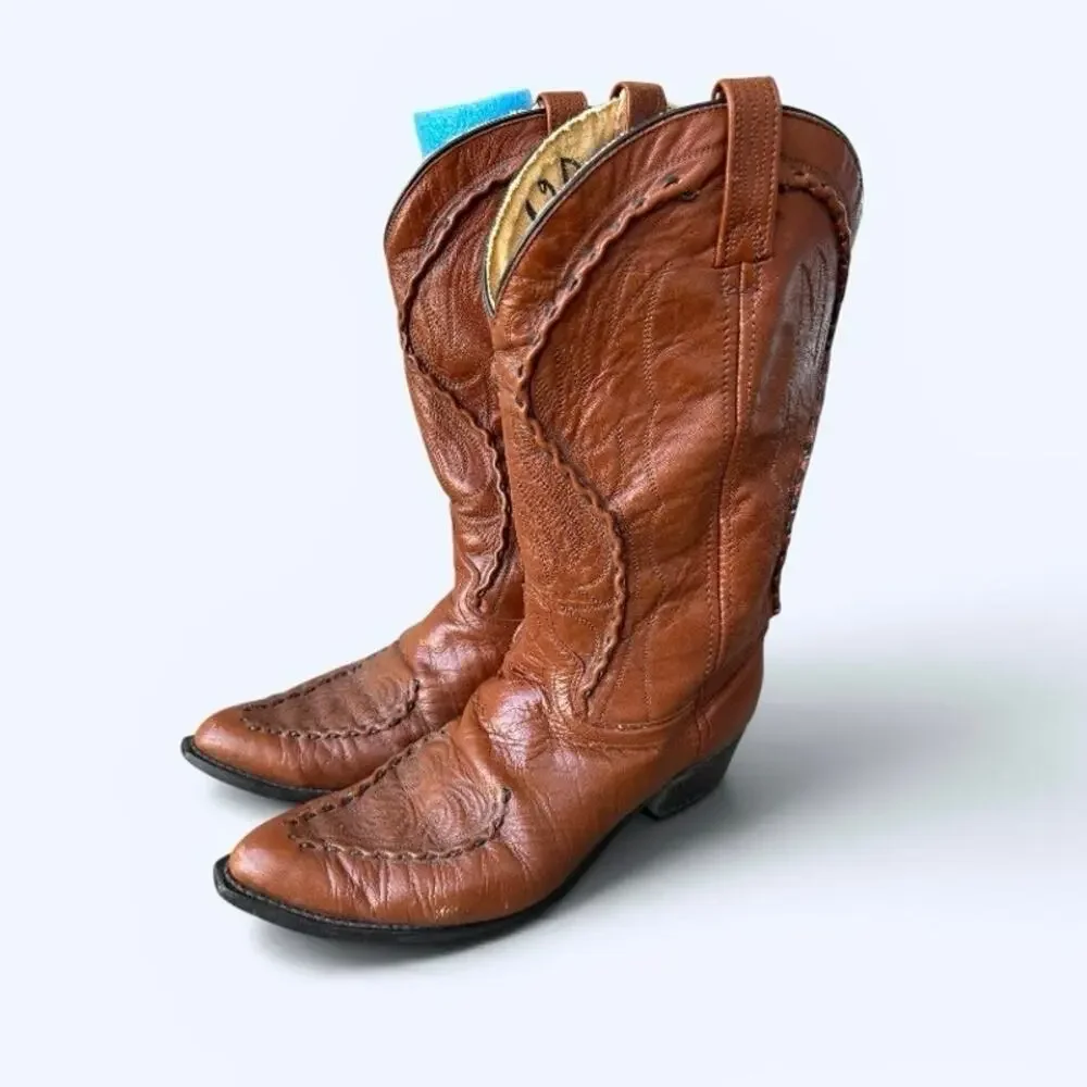 Vintage Western Cowboy Boots Men’s Size 12D Brown Leather Snip Toe Whip Stitched